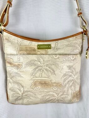 Brahmin Copa Cabana Cream Embossed Leather Crossbody Bag - Palm Trees & Cars EUC
